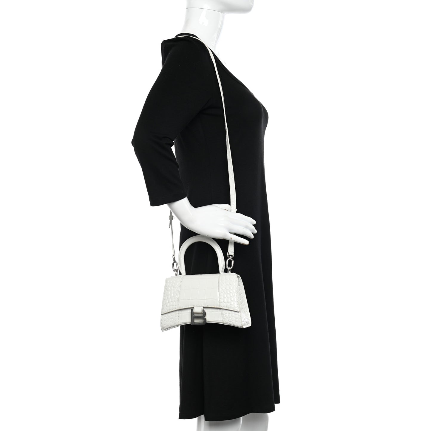 Shiny Calfskin Crocodile Embossed Hourglass Top Handle Bag XS White