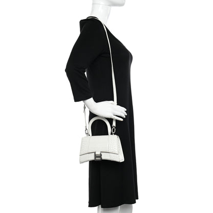 Balenciaga Shiny Calfskin Crocodile Embossed Hourglass Top Handle Bag XS White 2 of 19