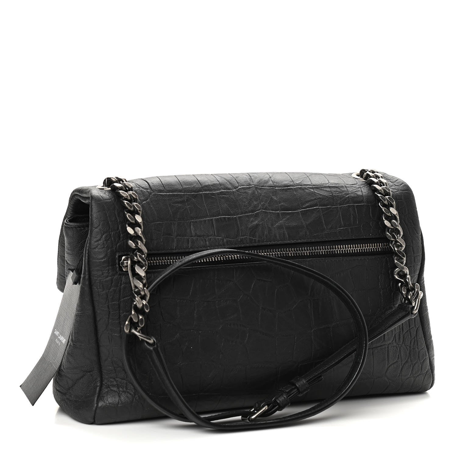 Saint Laurent Calfskin Crocodile Embossed Medium West Hollywood Monogram Fold-Over Black 3 of 14