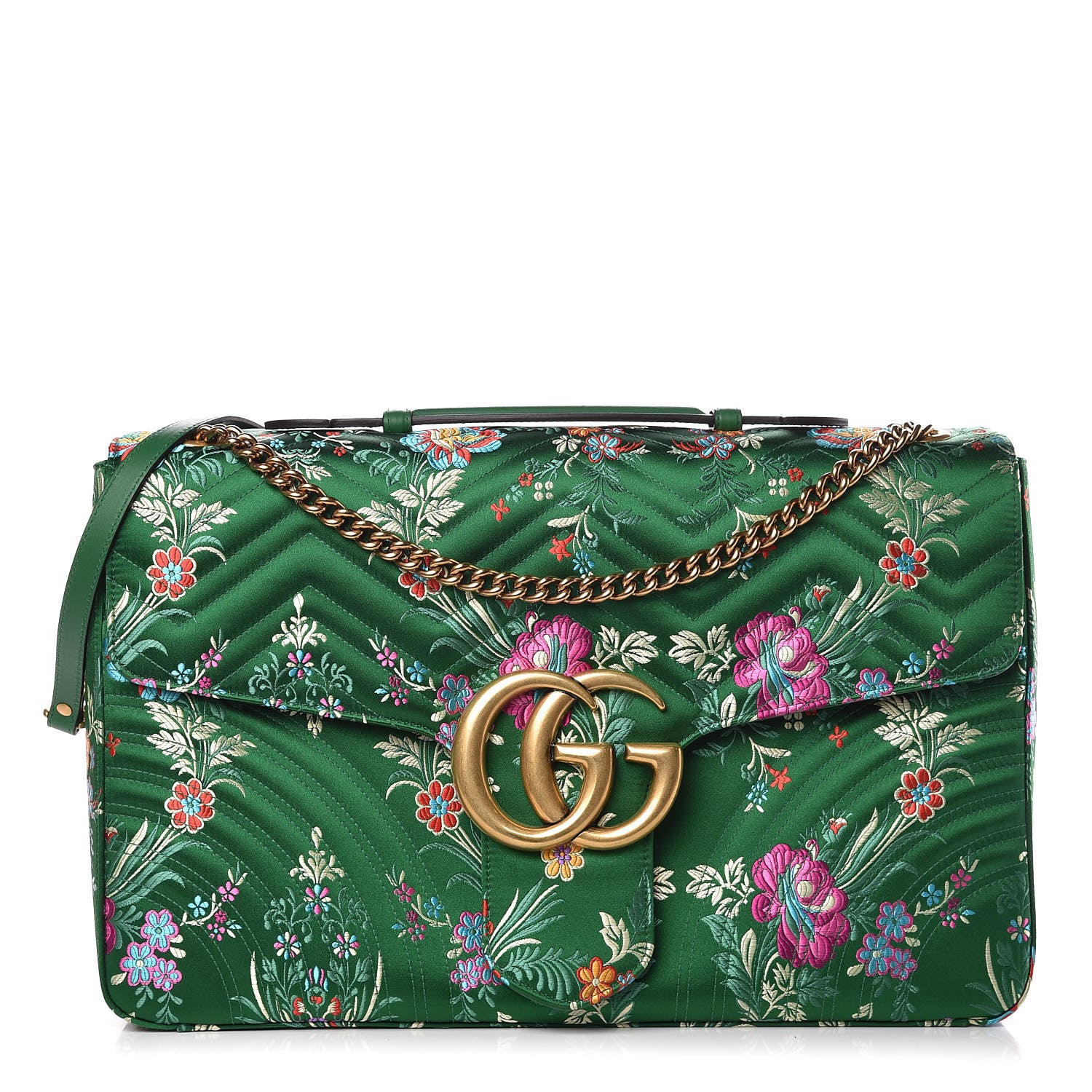 Gucci Jacquard Matelasse Floral Maxi GG Marmont Top Handle Shoulder Bag Green Multicolor 1 of 10