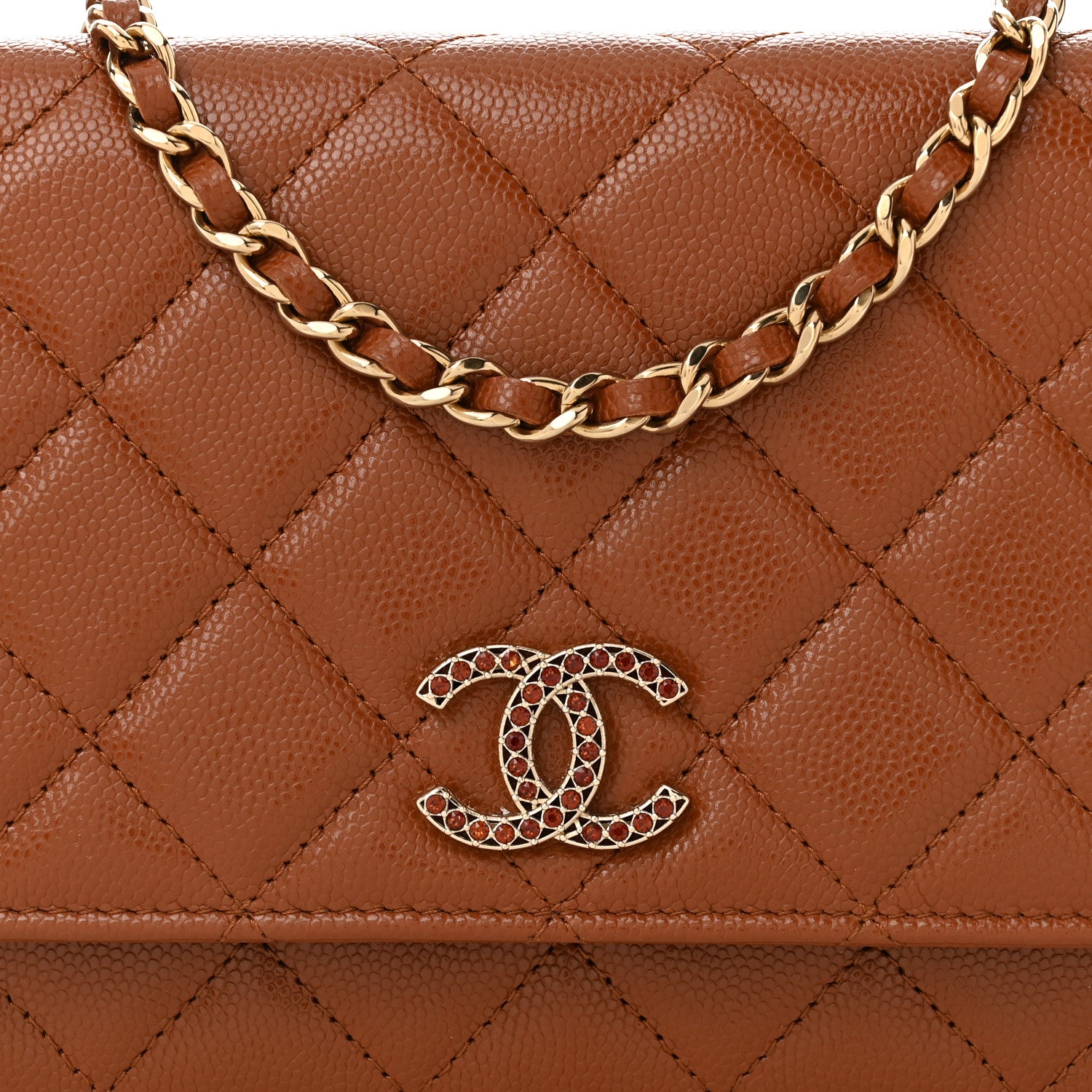 Chanel Shiny Caviar Quilted Strass Wallet On Chain WOC Light Brown 9 of 12