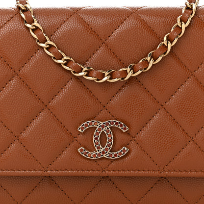 Chanel Shiny Caviar Quilted Strass Wallet On Chain WOC Light Brown 9 of 12