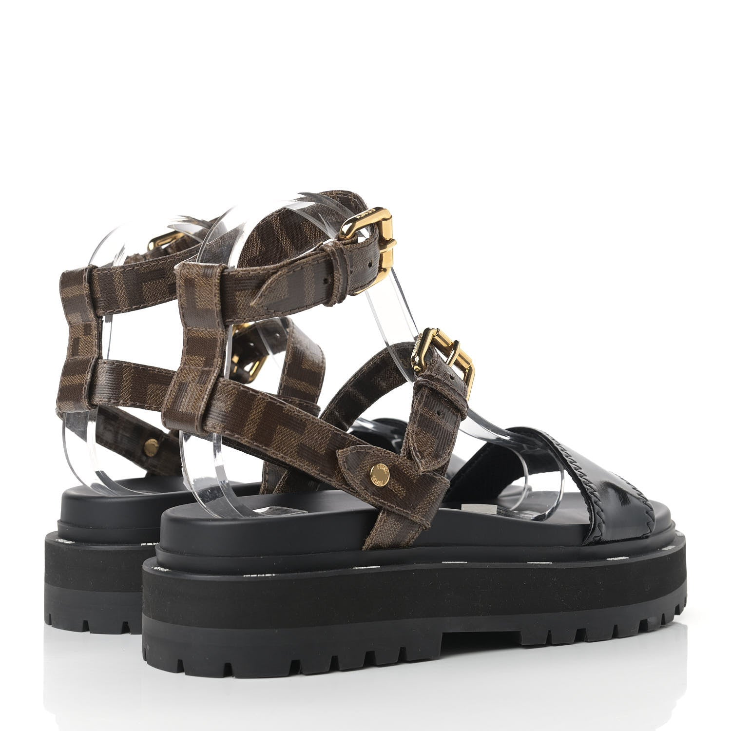Fendi Vernice High-Tech Glazed Fabric FF Lug Sole Platform Sandals 39 Black Tobacco Moro 7 of 15