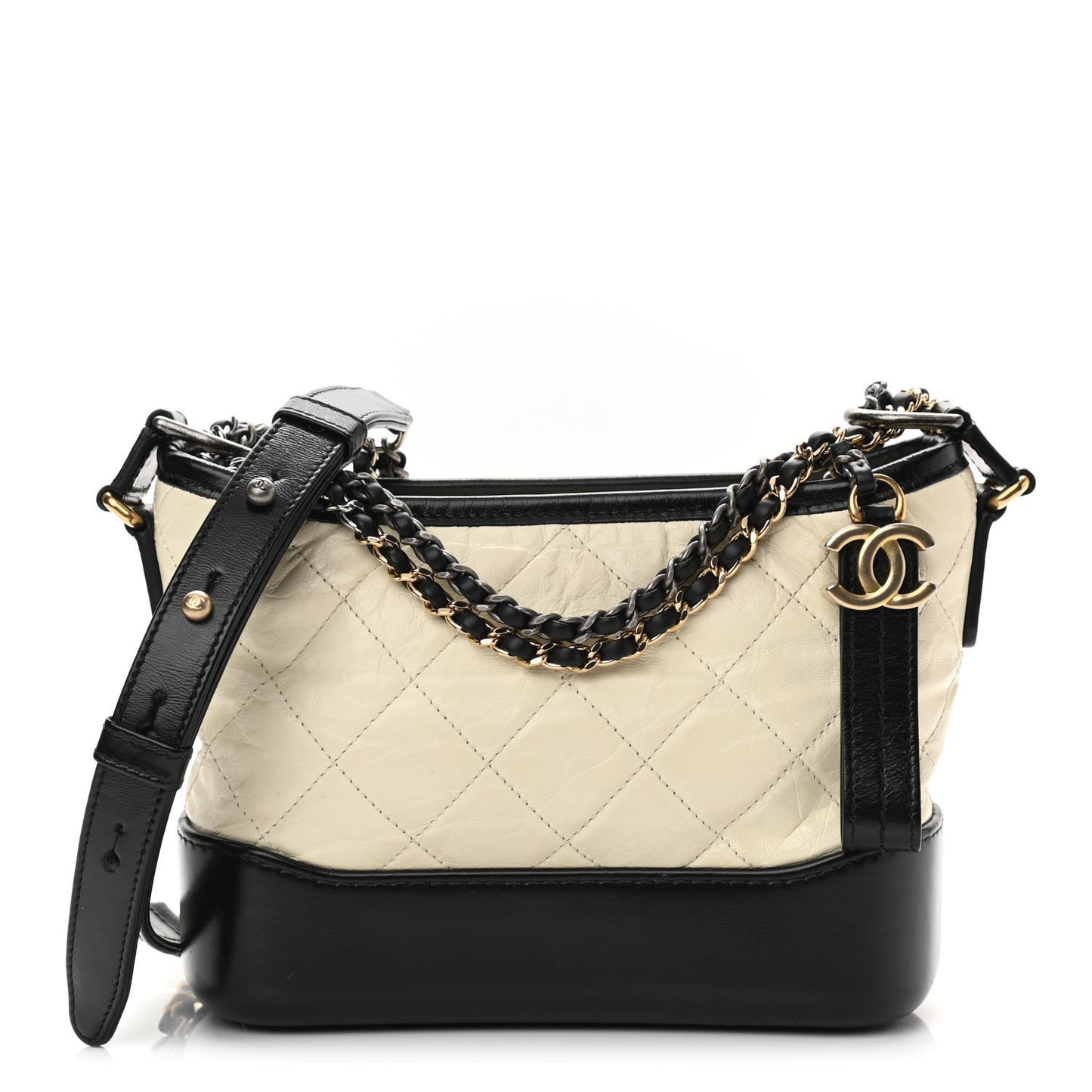 Aged Calfskin Quilted Small Gabrielle Hobo Black White