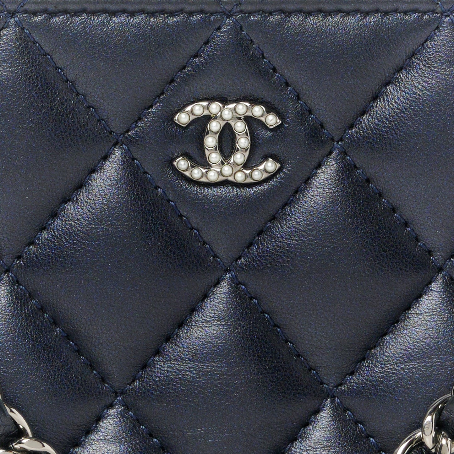 Lambskin Quilted Small Clutch With Pearl Chain Navy Blue