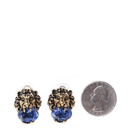 Gucci Metal Crystal Lion Clip On Earrings Aged Gold Blue 2 of 5