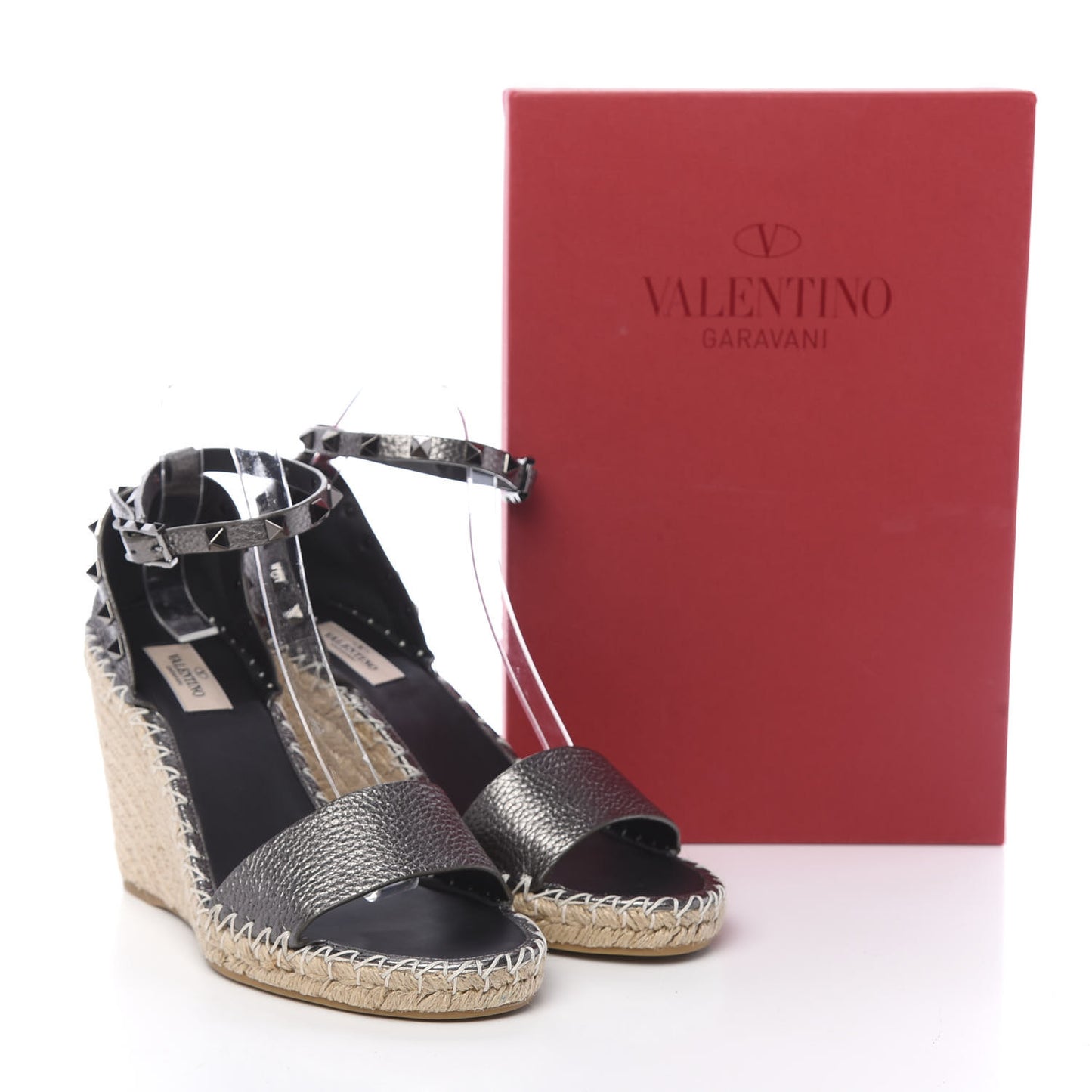 Metallic Grained Calfskin Rockstud Ankle Strap Espadrille 15/105mm Wedge Sandals 41 Rutenio Natural
