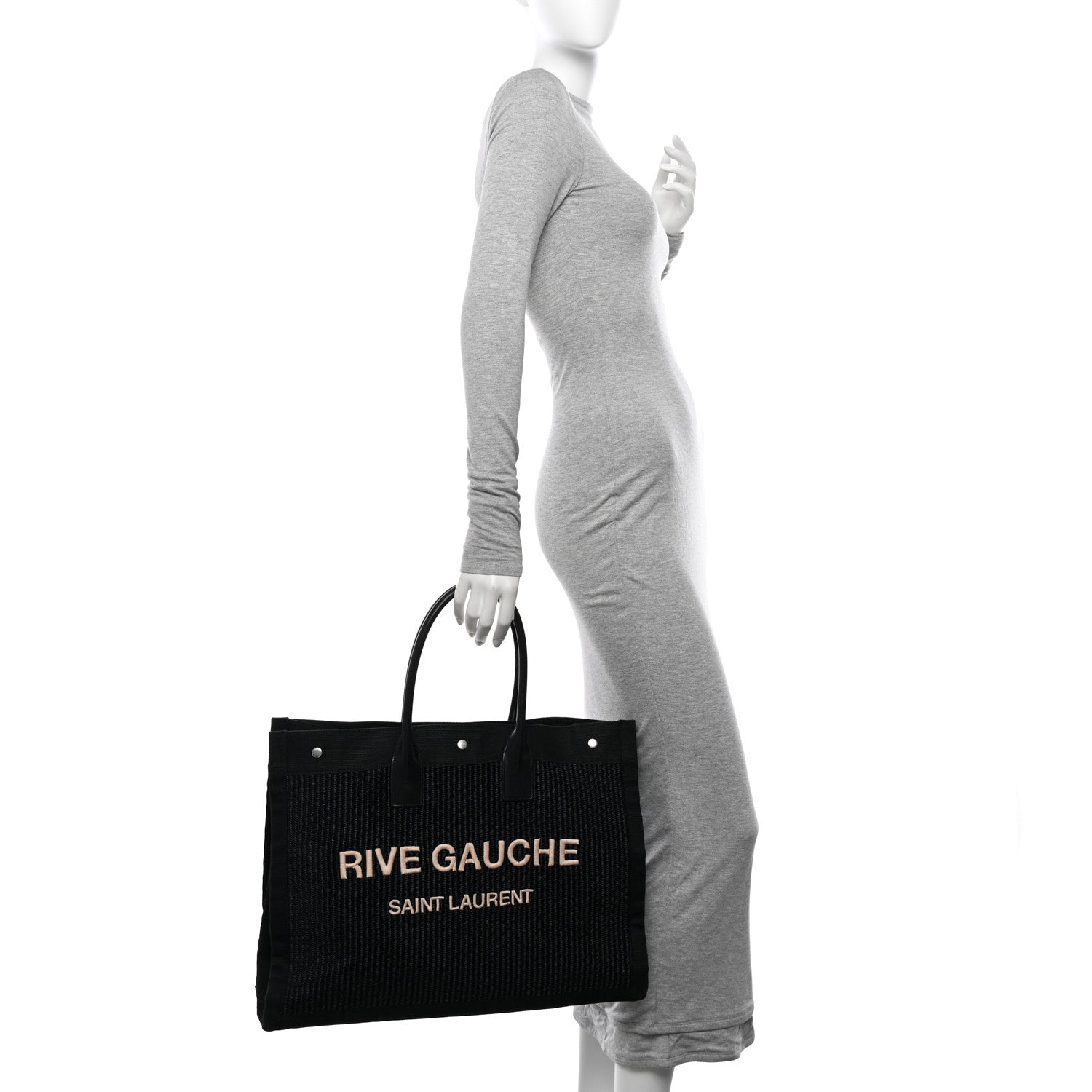 Saint Laurent Raffia Linen Calfskin Rive Gauche Tote Black 2 of 12