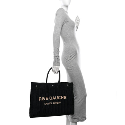 Saint Laurent Raffia Linen Calfskin Rive Gauche Tote Black 2 of 12