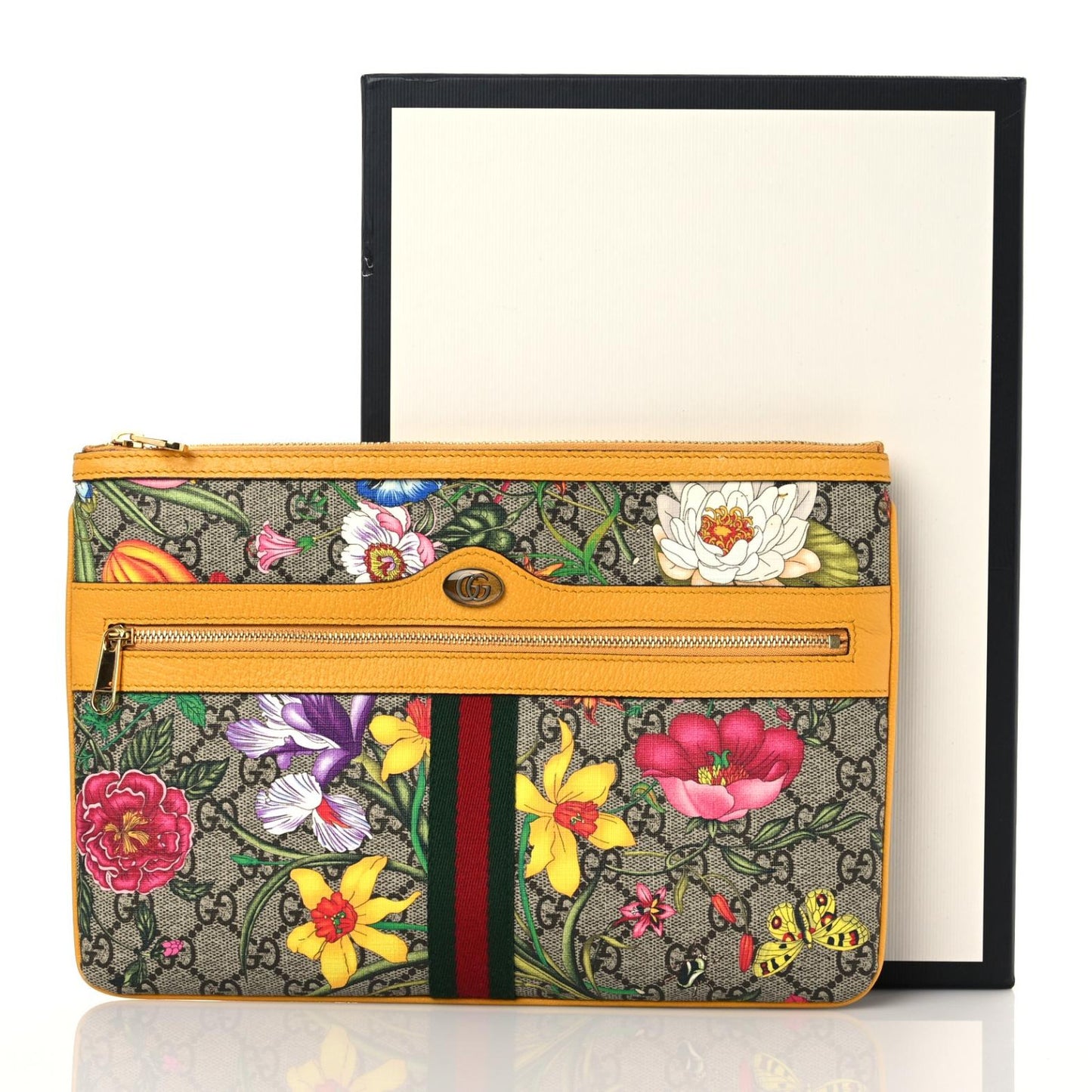 GG Supreme Monogram Flora Large Ophidia Pouch Clutch Beige Multicolor Crop