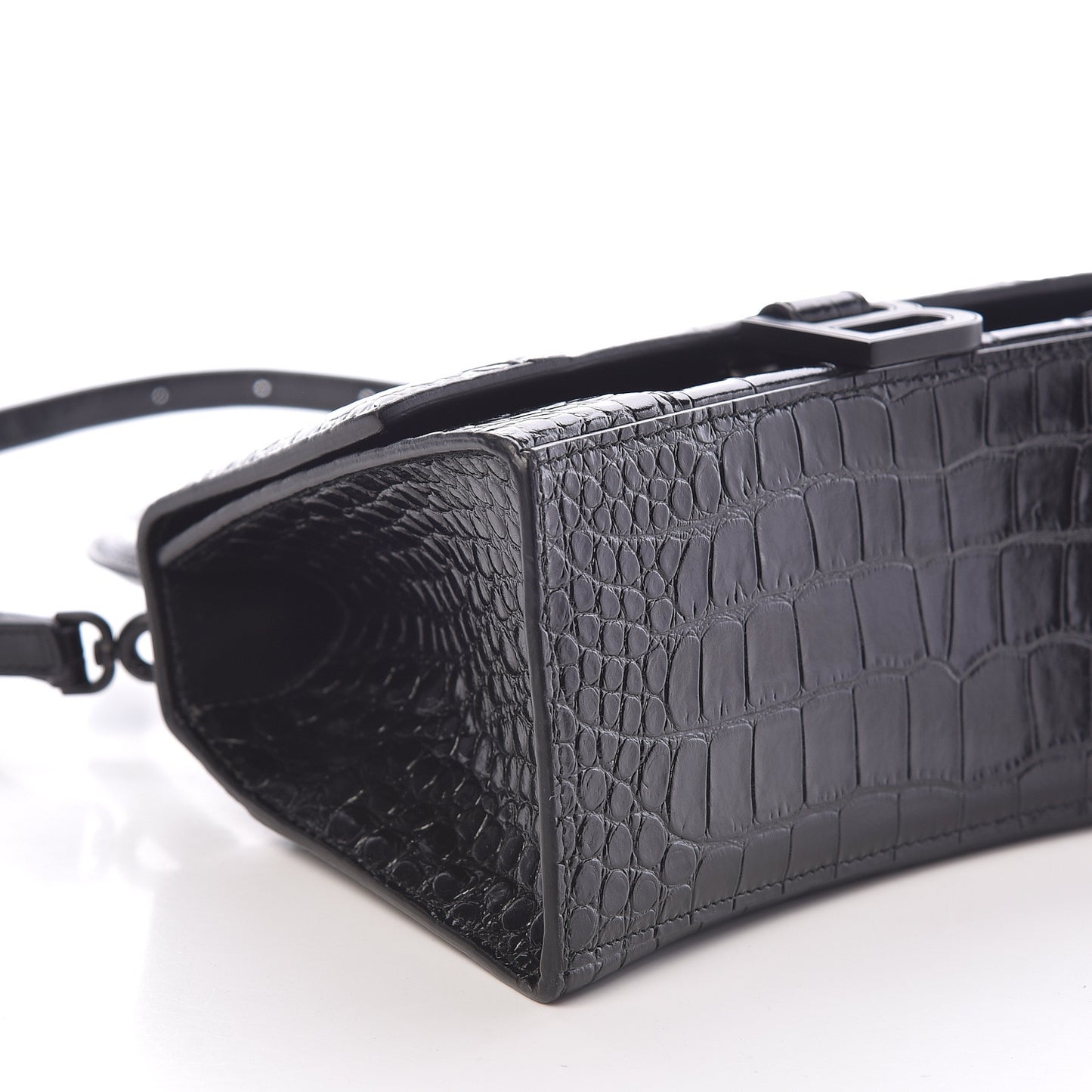Shiny Calfskin Monochrome Crocodile Embossed Small Hourglass Top Handle Bag Black