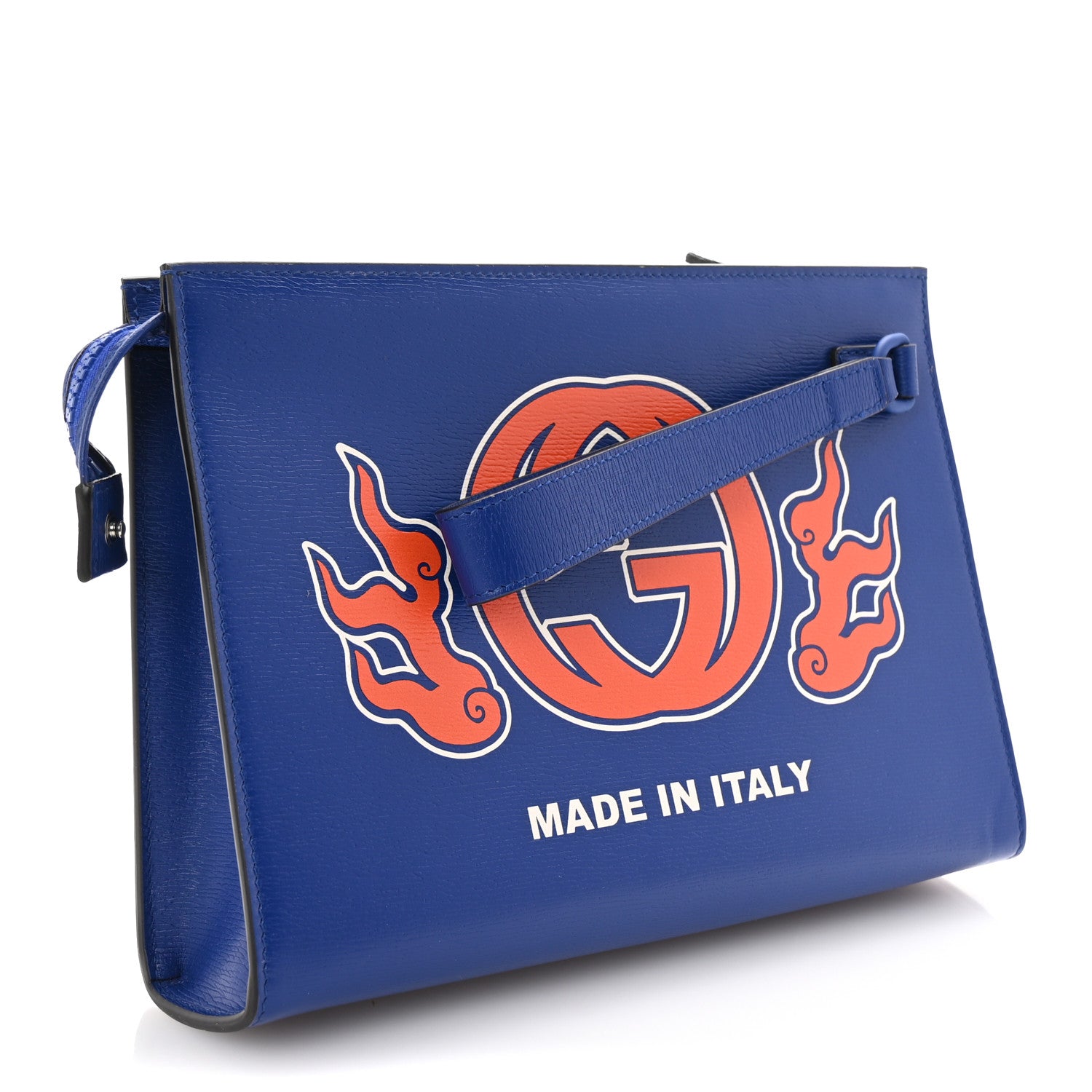 Gucci New Shanghai Calfskin Interlocking G Logo Wristlet Pouch Cobalt Blue Orange 3 of 6