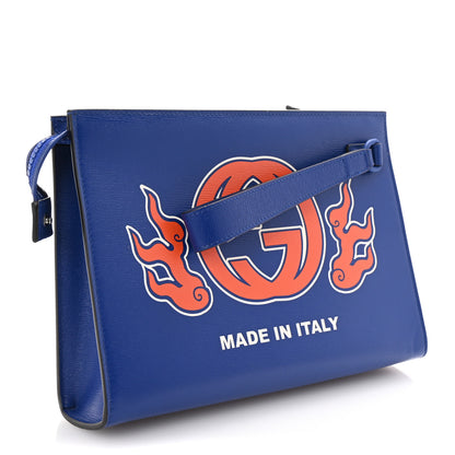 Gucci New Shanghai Calfskin Interlocking G Logo Wristlet Pouch Cobalt Blue Orange 3 of 6