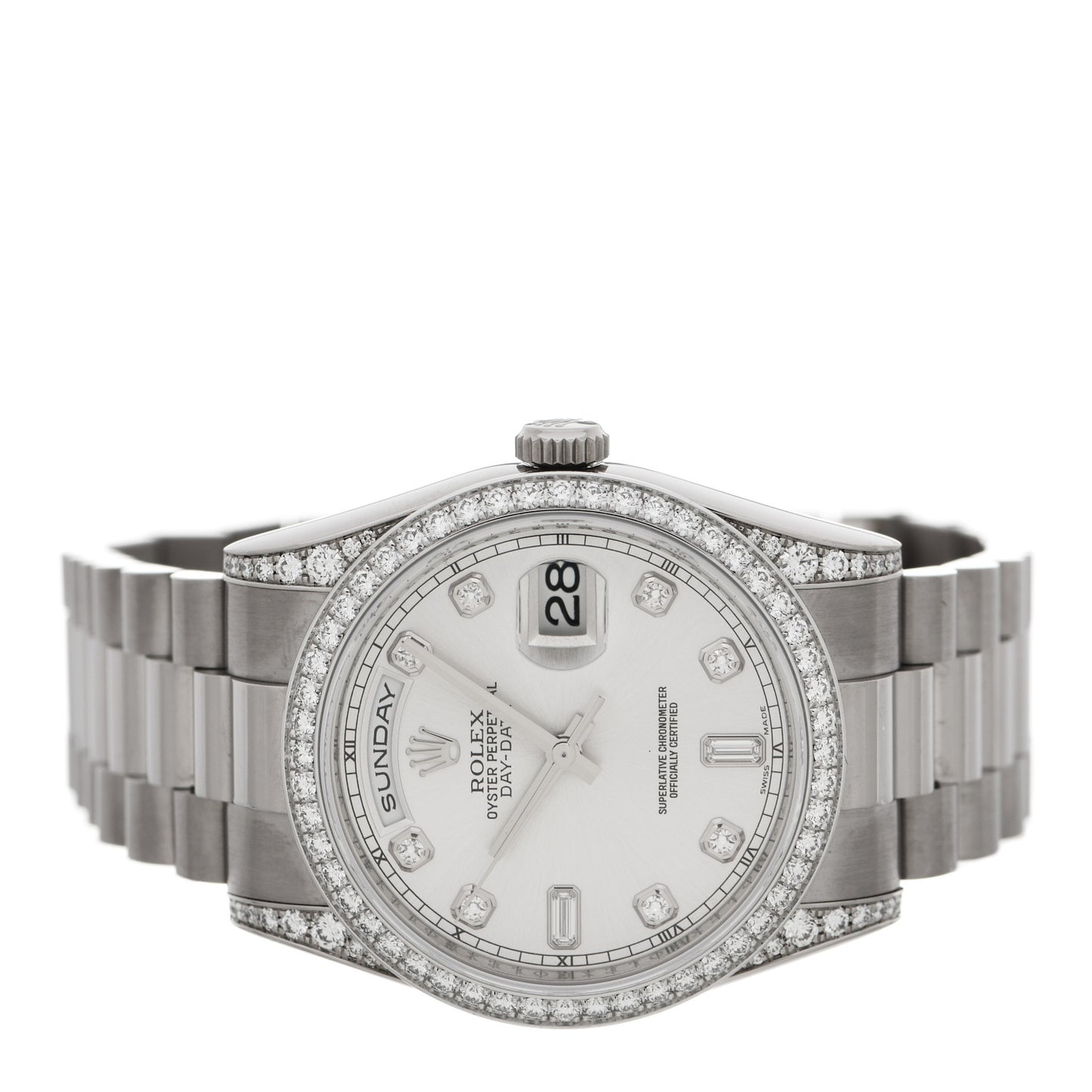18K White Gold Diamond Bezel 36mm Oyster Perpetual Day-Date President Watch Silver 118389
