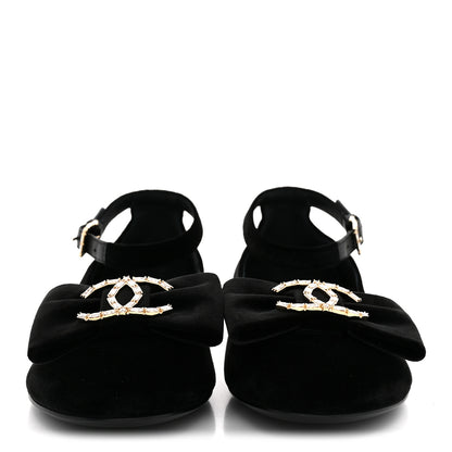 Chanel Velvet Strass CC Bow Mary Jane Flats 37.5 Black 3 of 11