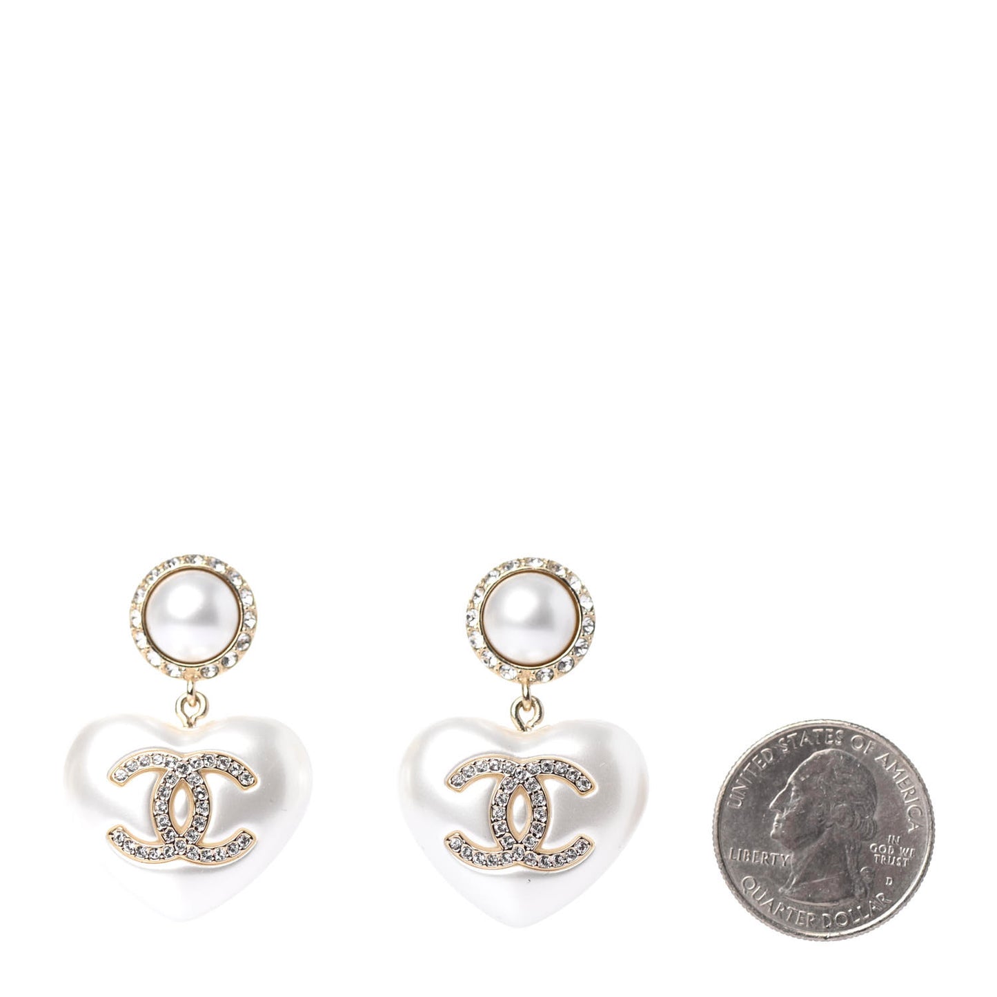 Pearl Crystal CC Heart Drop Earrings Gold
