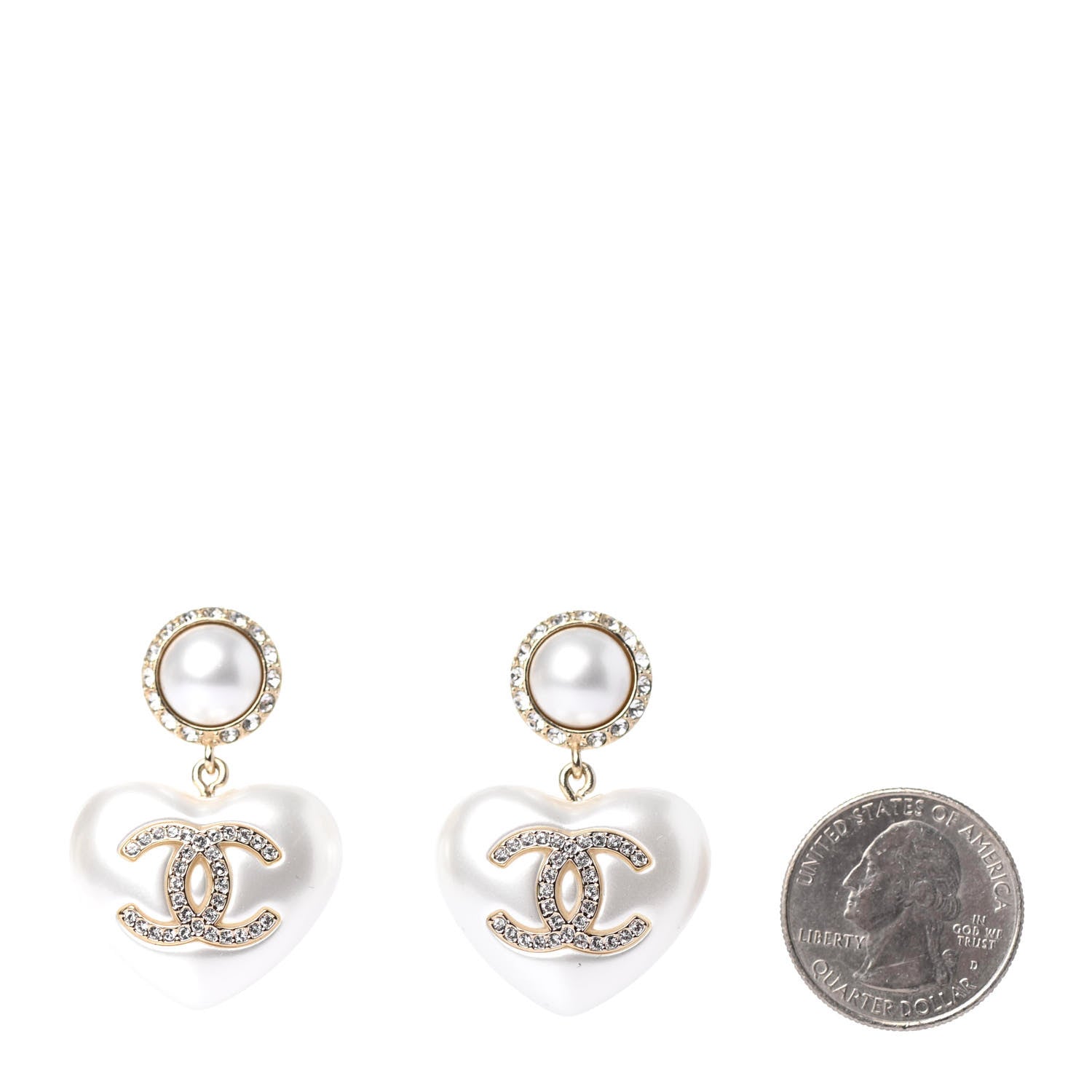 Chanel Pearl Crystal CC Heart Drop Earrings Gold 2 of 4