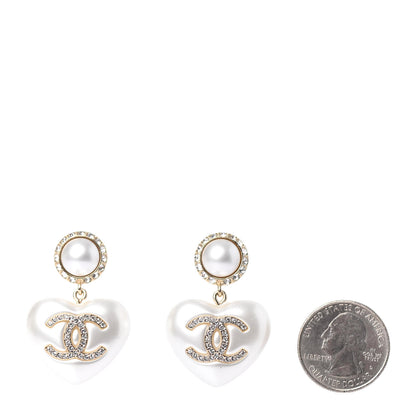 Chanel Pearl Crystal CC Heart Drop Earrings Gold 2 of 4