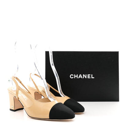 Chanel Goatskin Grosgrain Cap Toe CC Slingback Pumps 40 Beige Black 10 of 10