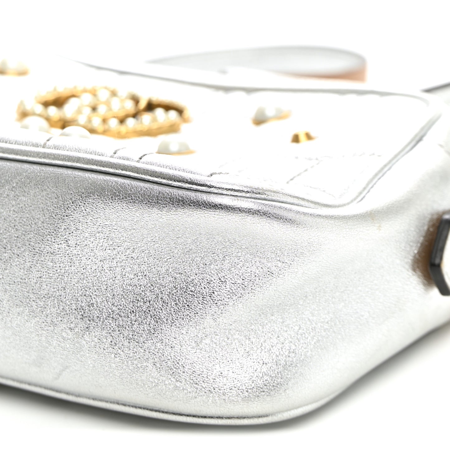 Metallic Calfskin Matelasse Studded Small Pearly GG Marmont Chain Shoulder Bag Silver