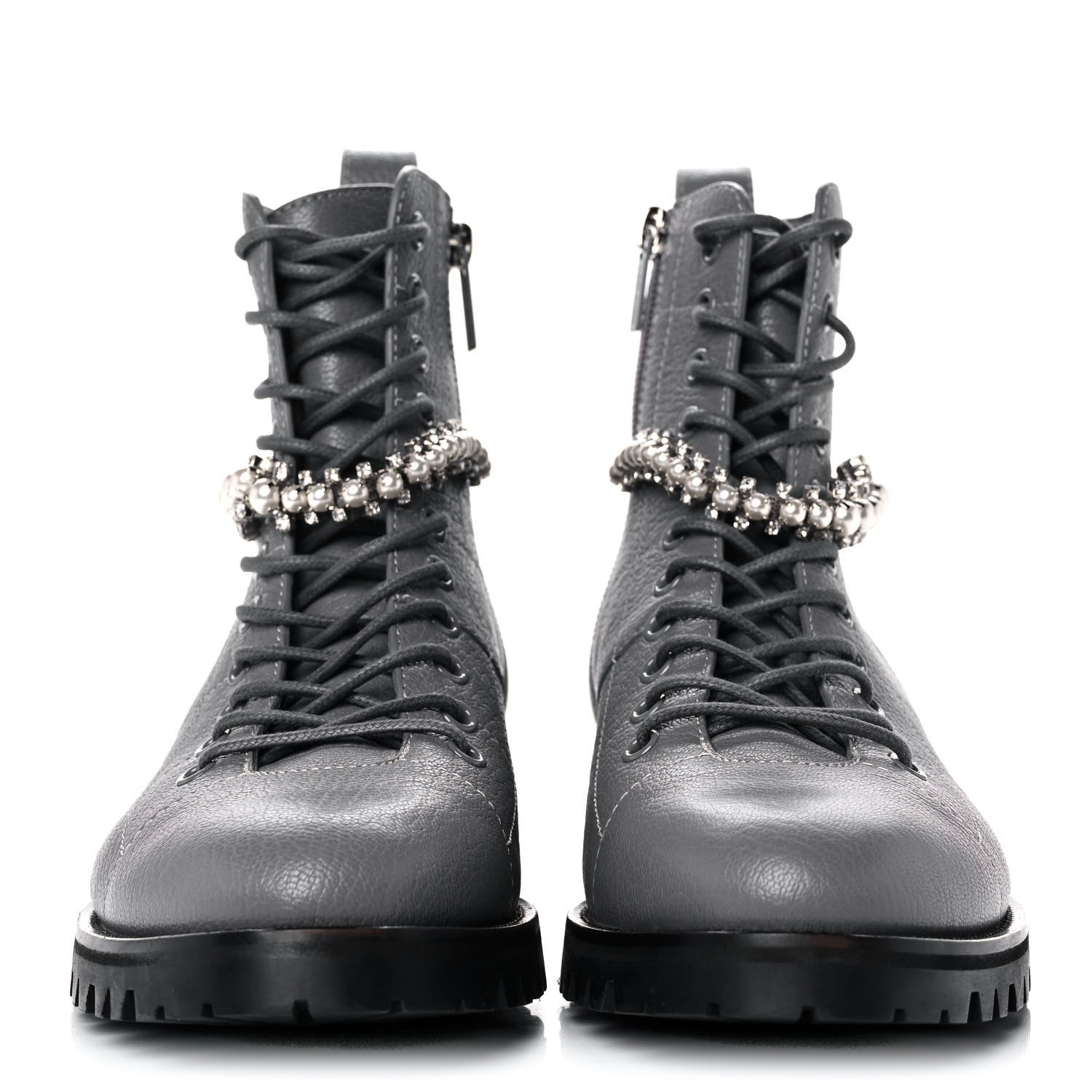 Jimmy Choo Grained Calfskin Crystal Embellished Cruz Combat Boots 38.5 Grey 2 of 8