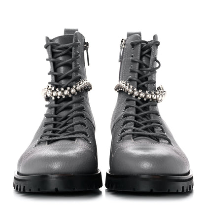 Jimmy Choo Grained Calfskin Crystal Embellished Cruz Combat Boots 38.5 Grey 2 of 8