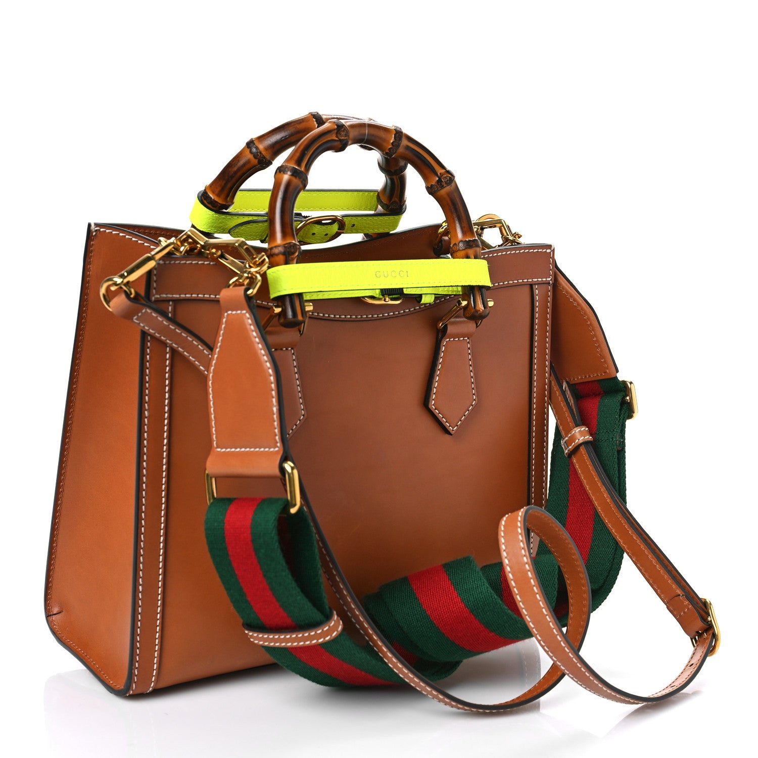 Gucci Calfskin Web Small Diana Tote Bag Cuir Yellow Fluo 3 of 9