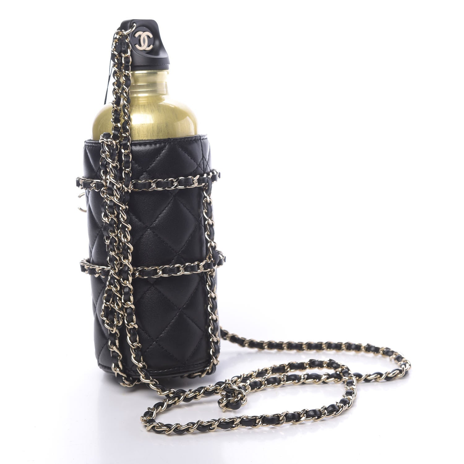 Chanel Lambskin Quilted CC To Drink Water Bottle Black Gold 3 of 11