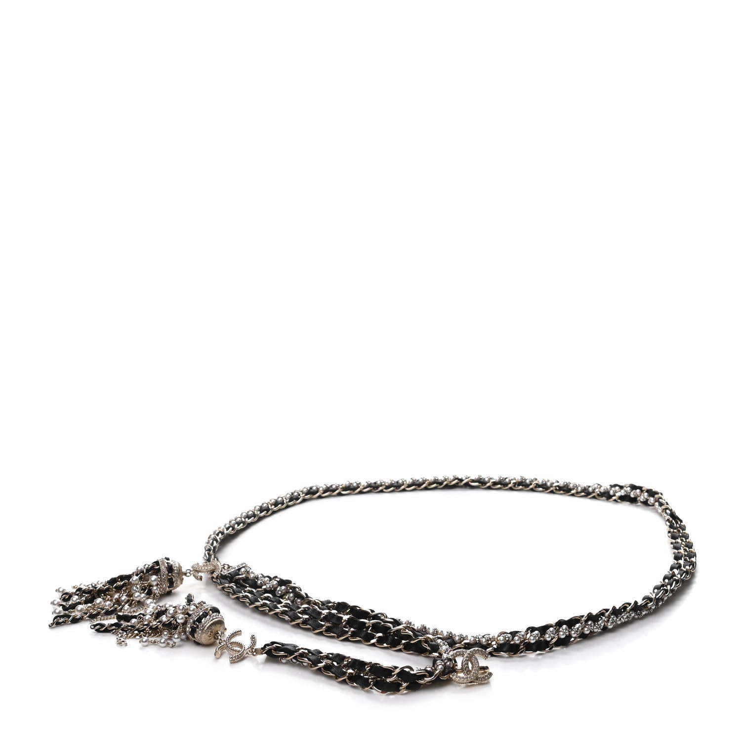 Chanel Lambskin Pearl Chain Crystal CC Fancy Belt 90 Black Gold 1 of 5