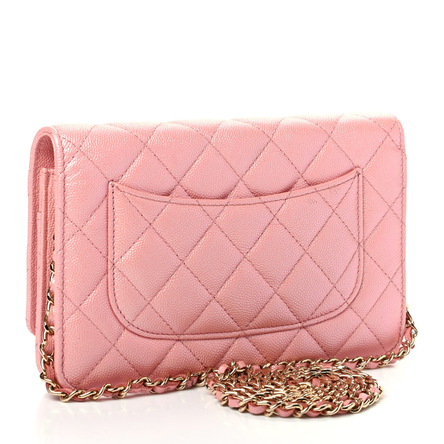 Iridescent Caviar Quilted Wallet on Chain WOC Rose Pink