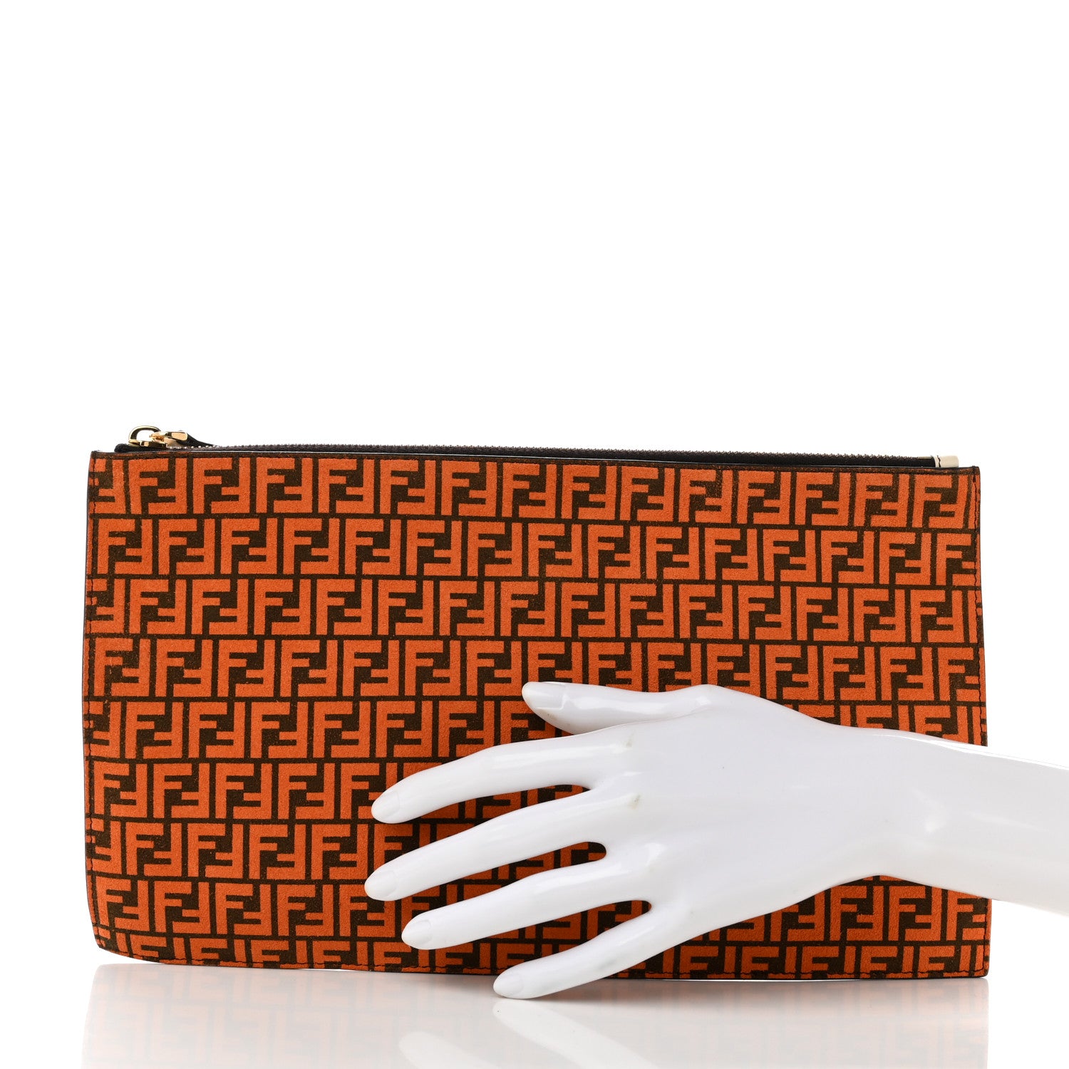Fendi Suede Vitello King Micro FF Medium Flat Pouch Arancio Marrone White Ice 2 of 7