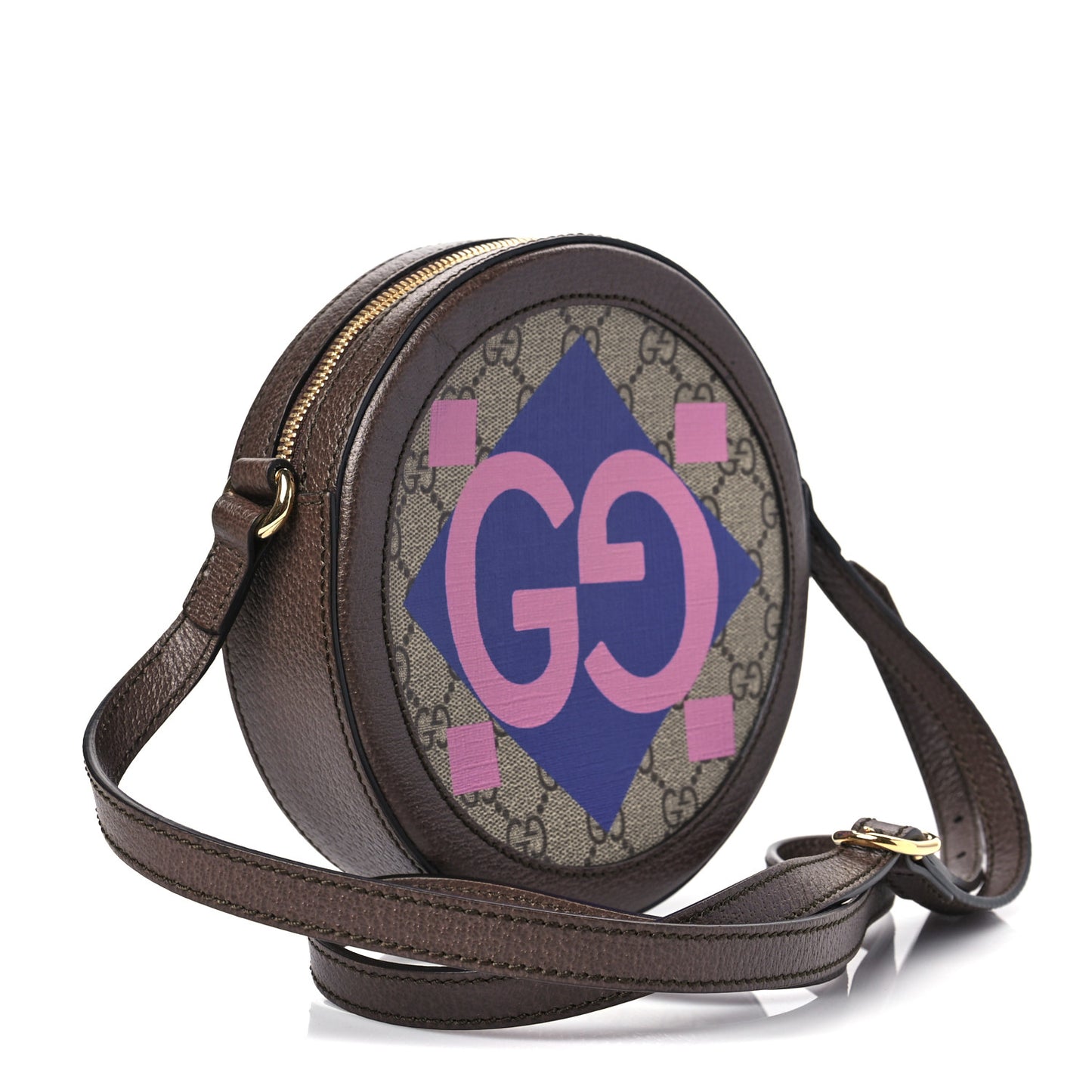 GG Supreme Monogram Equestrian Web Mini Ophidia Round Shoulder Bag Brown