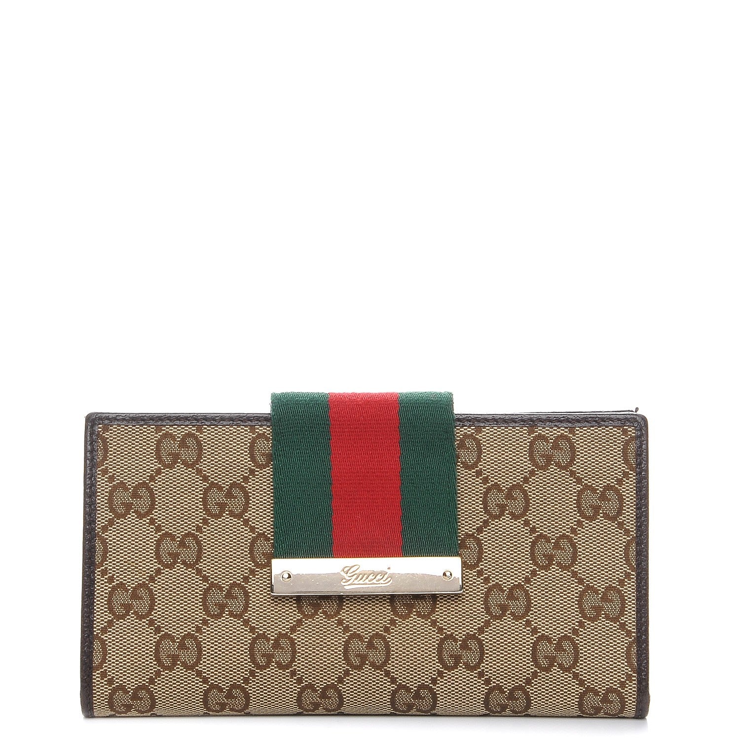 Gucci Monogram Calfskin Ladies Web Long Wallet Beige Ebony Cocoa 1 of 9
