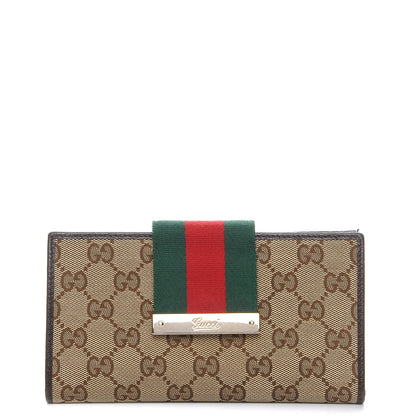 Gucci Monogram Calfskin Ladies Web Long Wallet Beige Ebony Cocoa 1 of 9