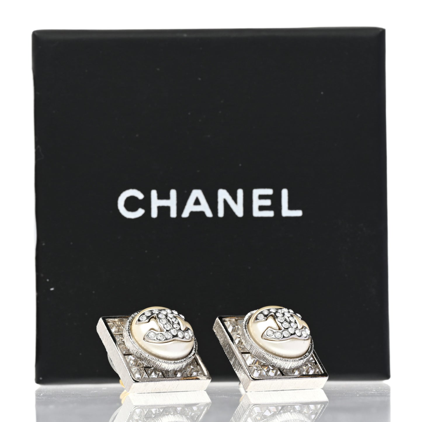 Metal Crystal Square CC Earrings Silver