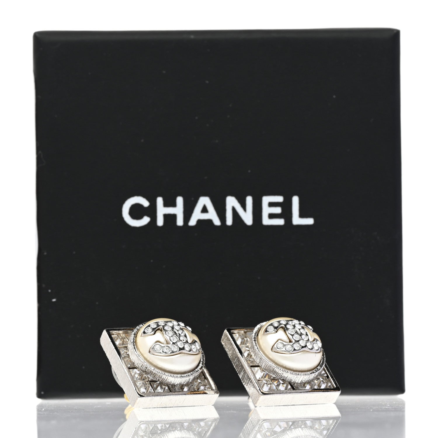 Chanel Metal Crystal Square CC Earrings Silver 5 of 5