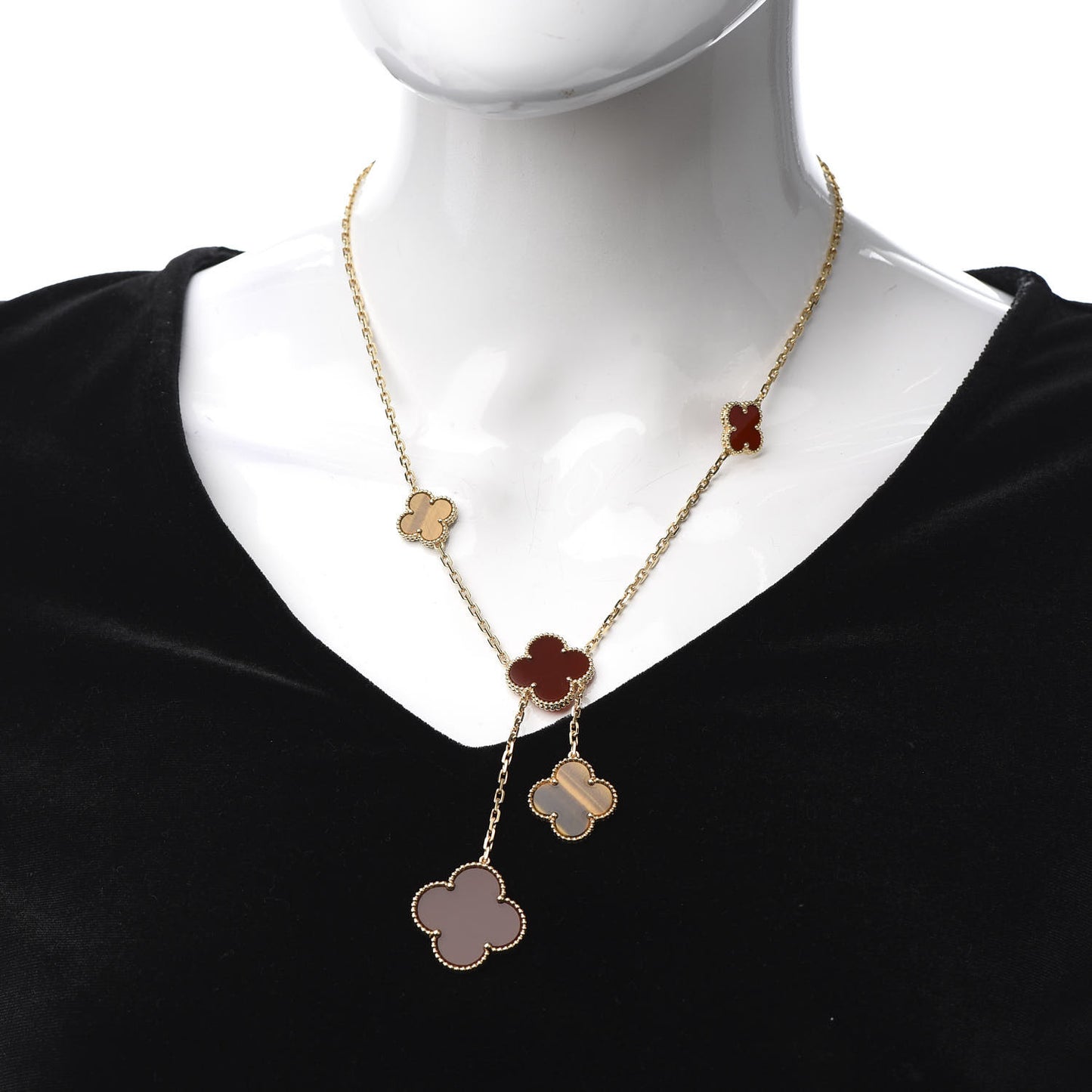 18K Yellow Gold Carnelian Tiger Eye 6 Motifs Magic Alhambra Necklace