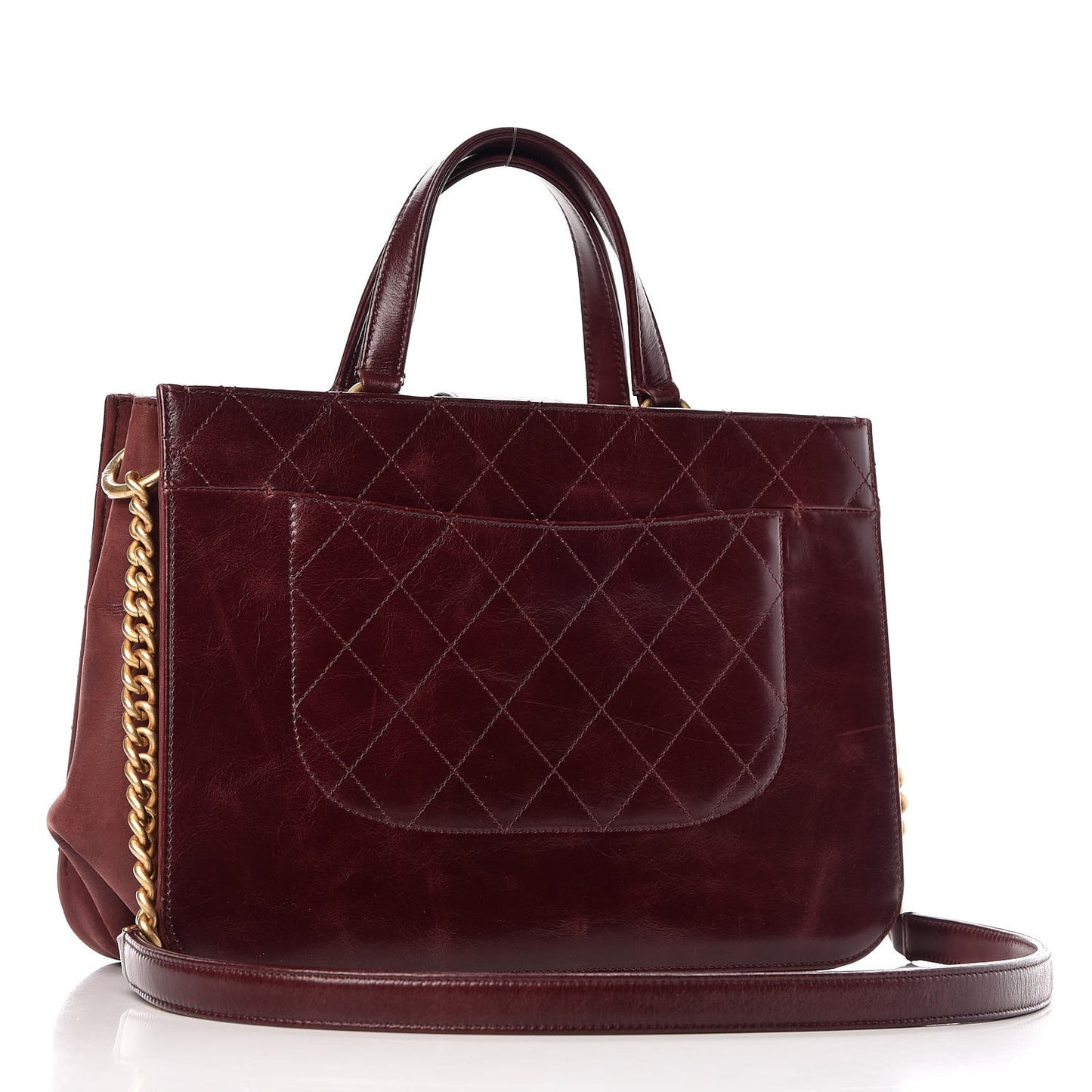 Glazed Iridescent Calfskin Quilted Tote Burgundy
