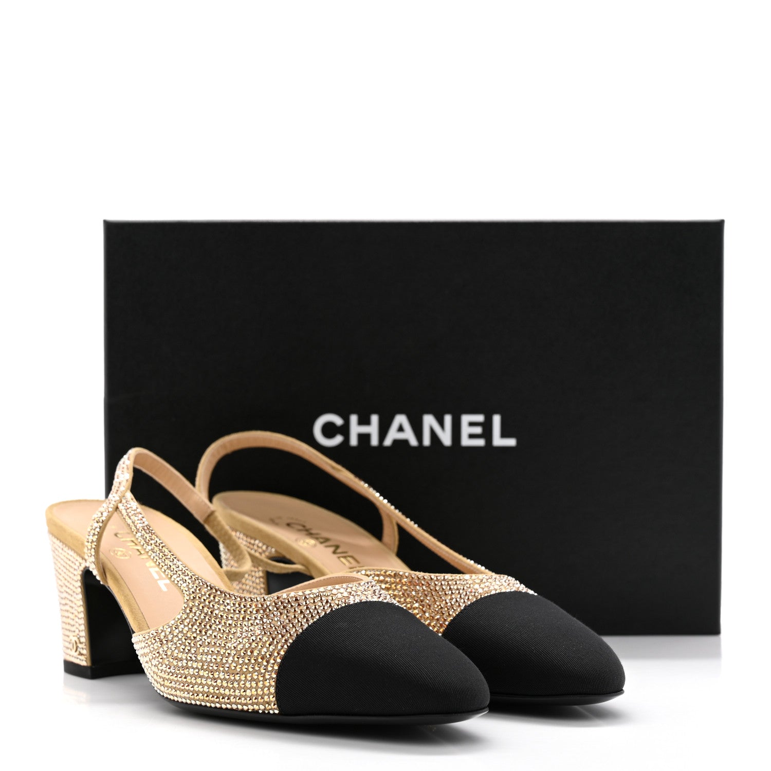 Chanel Strass Grosgrain Cap Toe CC Slingback Pumps 40 Gold Black 11 of 11