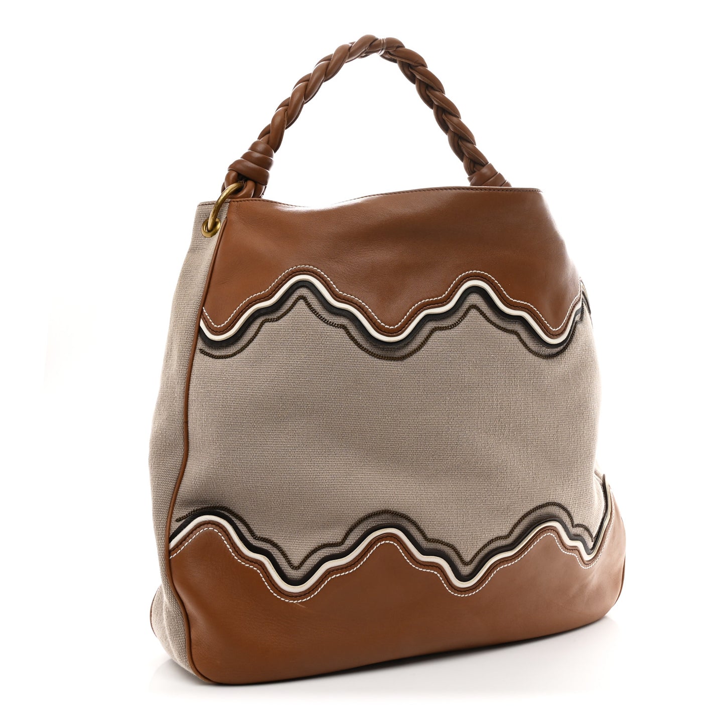 Canvas Calfskin Trimmed Tote Beige Brown