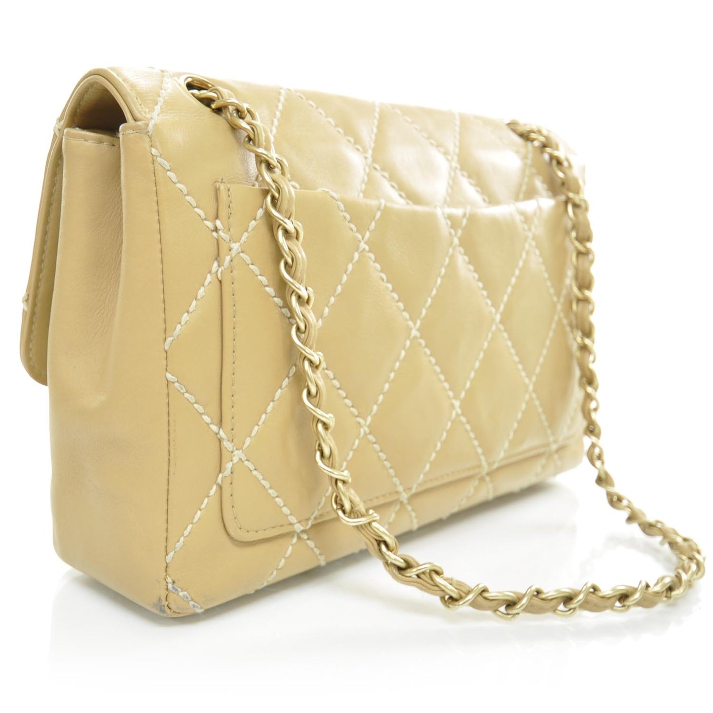 Leather Quilted Surpique Flap Beige