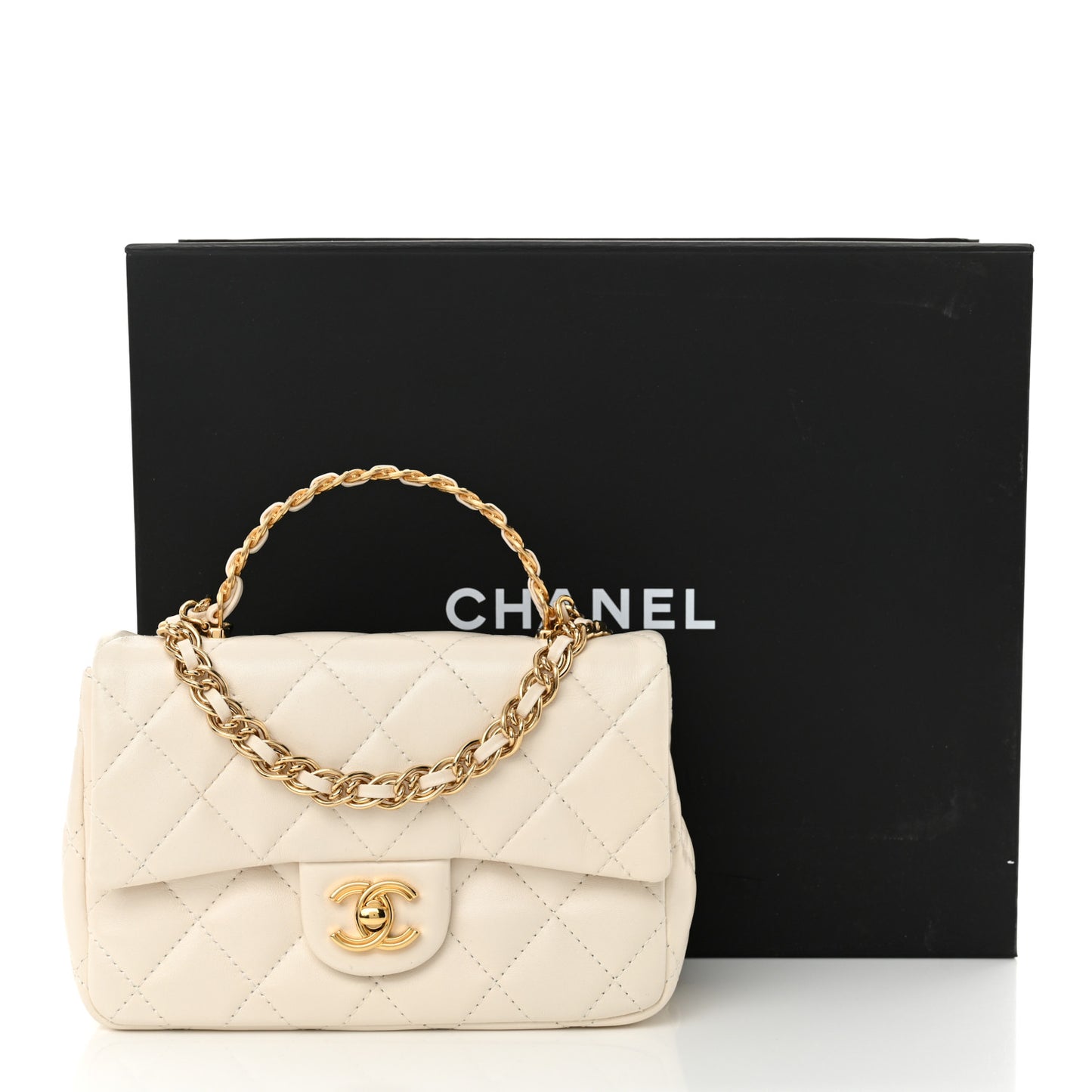Shiny Lambskin Quilted Golden Links Top Handle Flap White