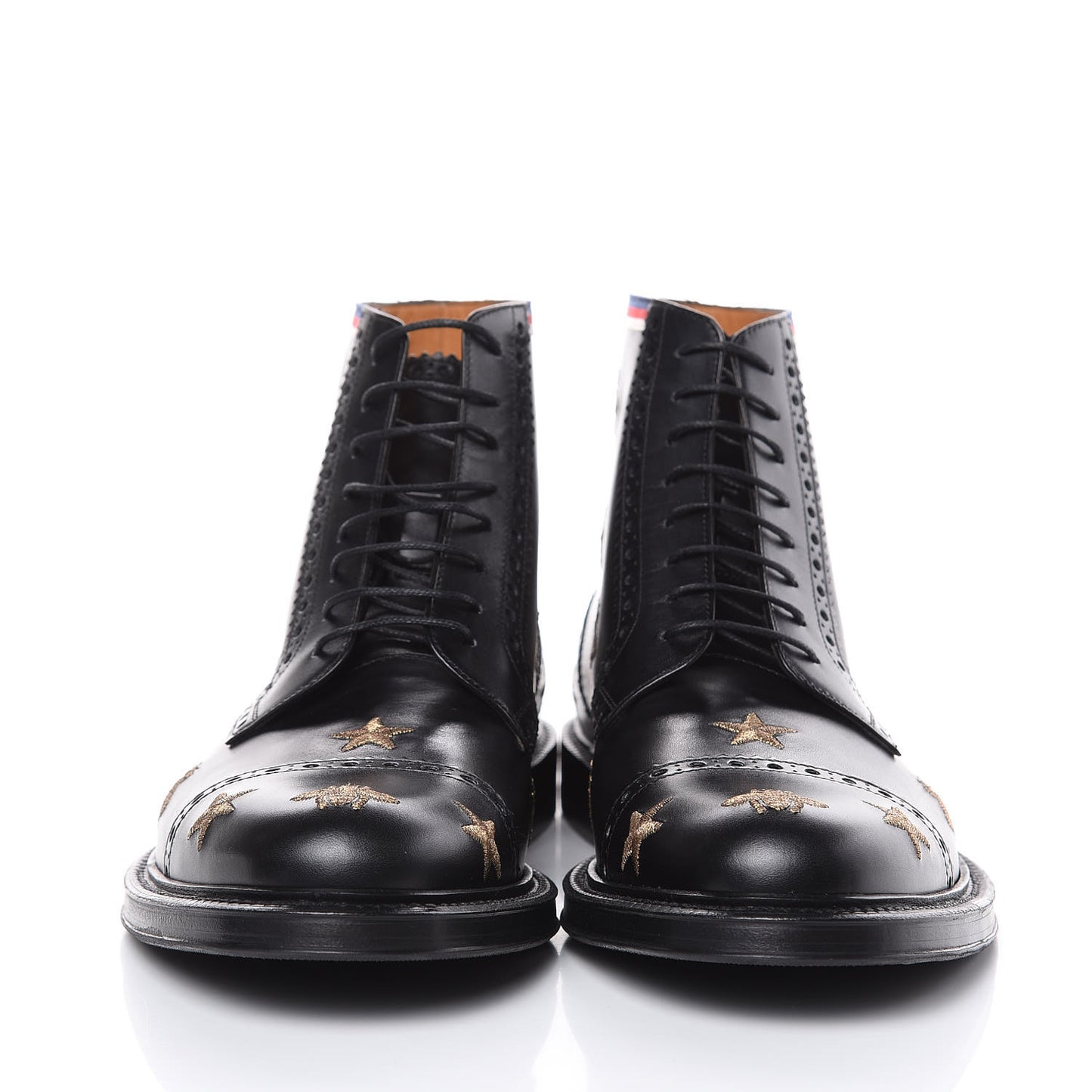 Calfskin Sylvie Web Bee Star Embroidered Mens Brogue Captoe Boots 7.5 Black