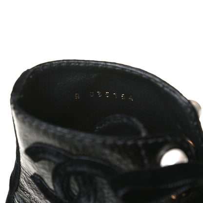 Chanel Shiny Calfskin Velvet Pearl Combat Short Boots 37 Black 11 of 12