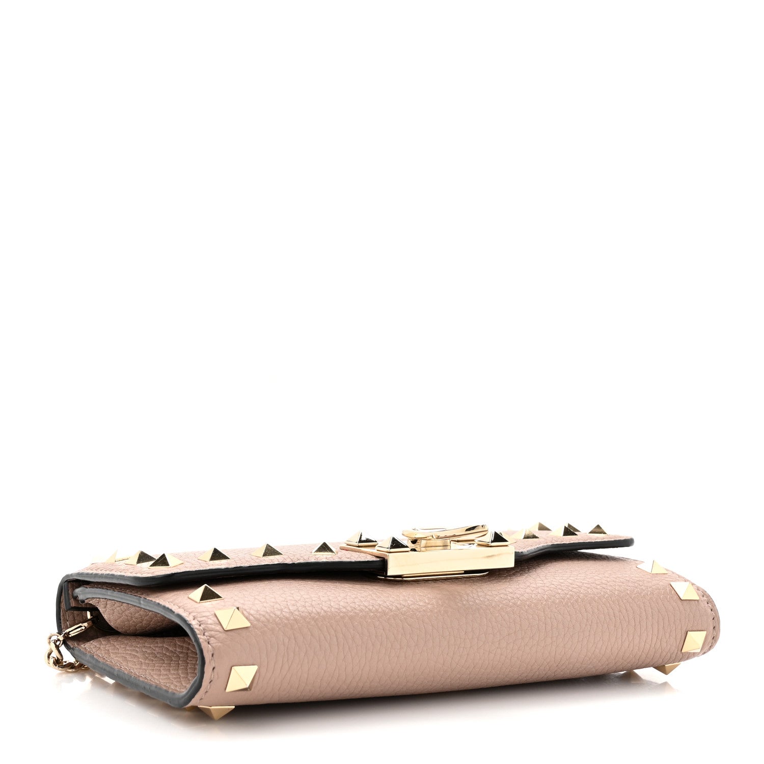 Valentino Garavani Pebbled Calfskin Rockstud Flip Lock Wallet On Chain Poudre 4 of 10