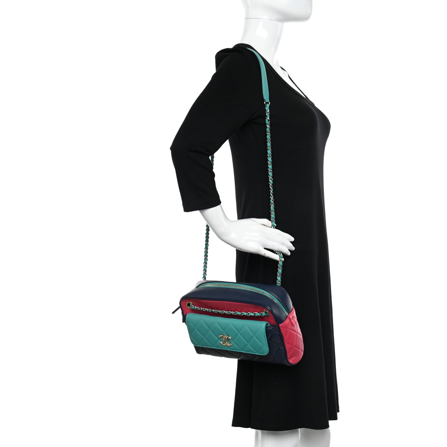 Goatskin Quilted Tri-Color Medium In & Out Camera Case Navy Turquoise Pink