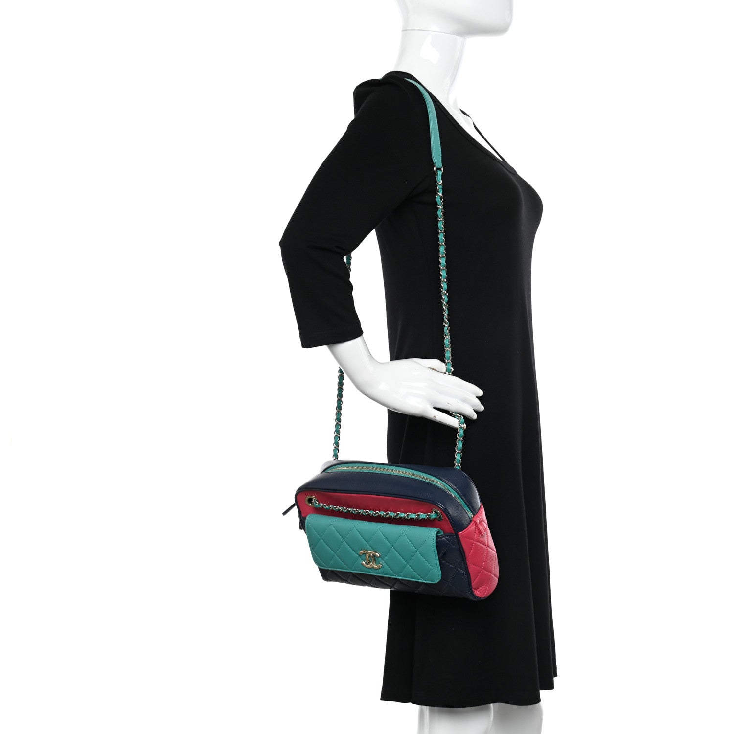 Chanel Goatskin Quilted Tri-Color Medium In & Out Camera Case Navy Turquoise Pink 3 of 14