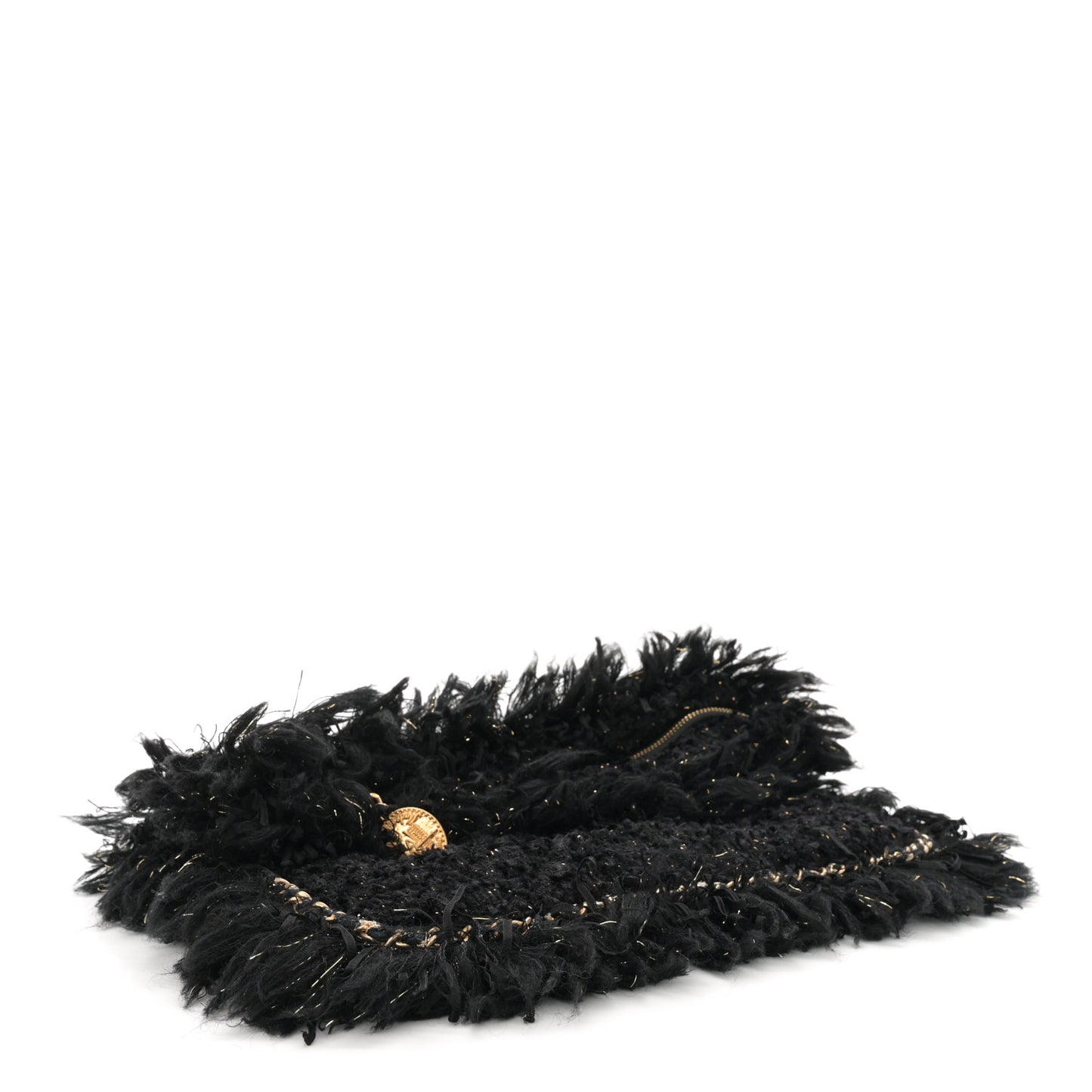 Tweed Fringe Quilted Chain Around Flap Clutch Black Gold