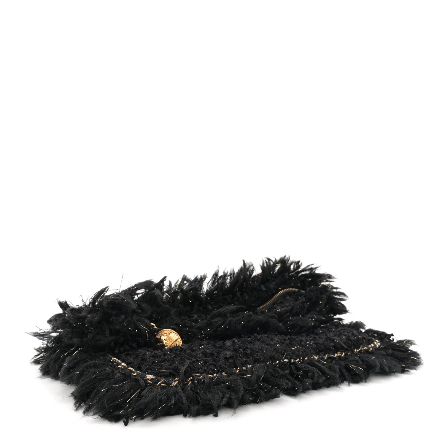 Chanel Tweed Fringe Quilted Chain Around Flap Clutch Black Gold 4 of 10