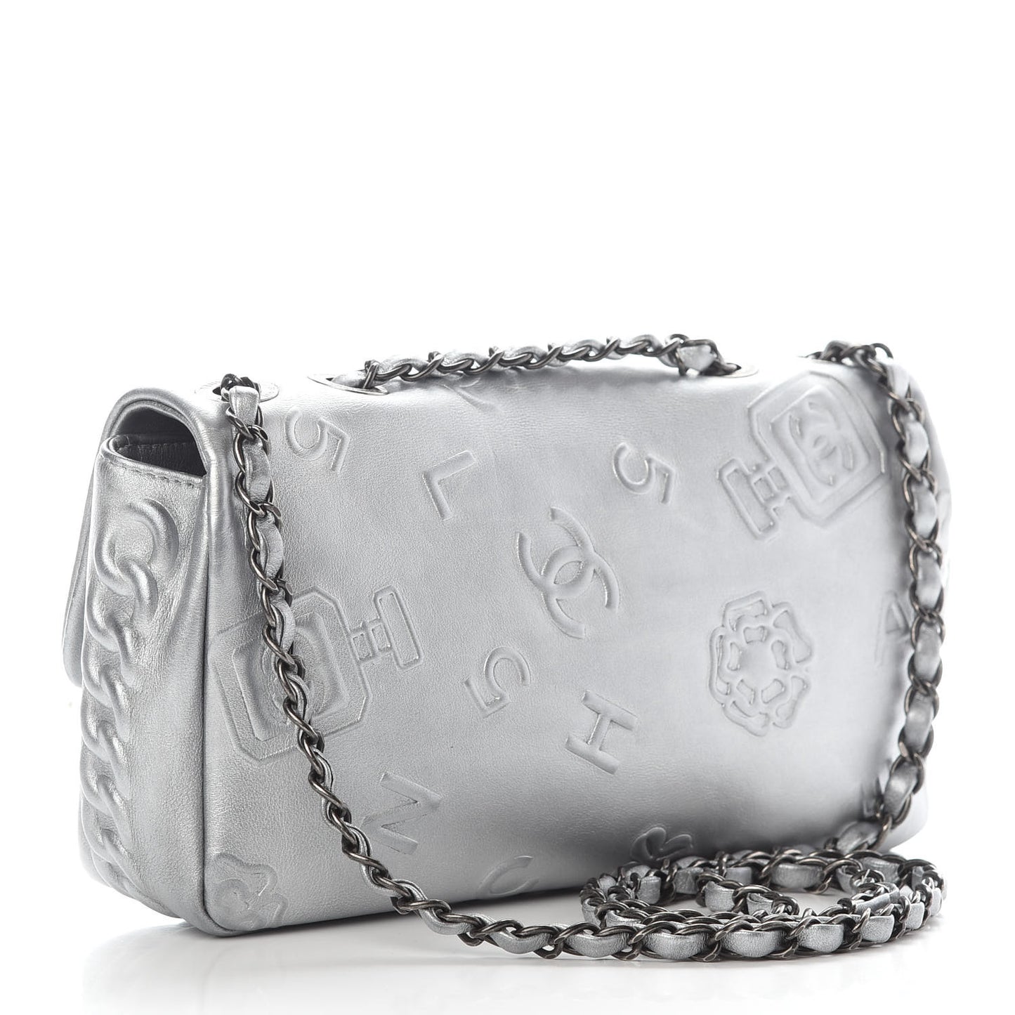 Metallic Lambskin Symbols Medium Single Flap Silver
